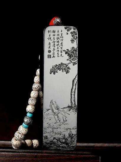 庞然 和田墨玉籽料“桐荫清梦图”牌